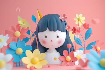 Girl with flowers and botanical elements, 3d rendering illustration on the light pink background
