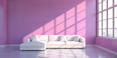 Modern laconic minimalist living room interior in neutral colors with a white sofa, pillows and empty walls with copyspace - obrazy, fototapety, plakaty