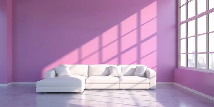 Modern laconic minimalist living room interior in neutral colors with a white sofa, pillows and empty walls with copyspace