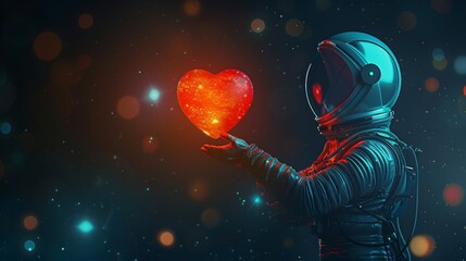 Futuristic astronaut holding glowing heart in weightless space with stars and galaxies - obrazy, fototapety, plakaty