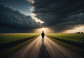 silhouette of a man standing on the road between two fields, with a sky full of clouds and sunshine ahead, the concept of the life path that every person goes through