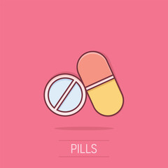 Pill icon in comic style. Medical capsules cartoon vector illustration on isolated background. Pharmacy sign business concept splash effect.