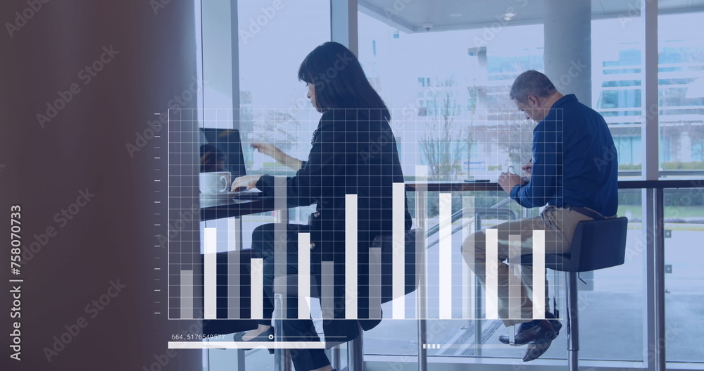 Poster Image of statistics and data processing, diverse business people with computers