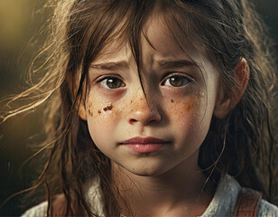 Close up no rosto sujo, de uma criança, menina, com expressão triste, com cabelos bagunçados. - obrazy, fototapety, plakaty