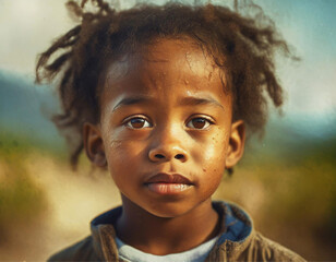 Close up no rosto de uma criança, menino, negro, com cabelos bagunçados e com expressão triste.