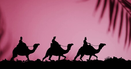 Image of christmas wise men on camels on pink background