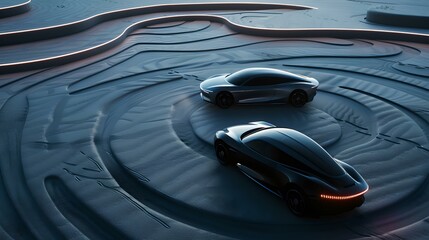 Futuristic cars gliding on a sleek, dark landscape, embodying innovation and technology. conceptual automotive design in a stylized, abstract world. vision of future transportation. AI