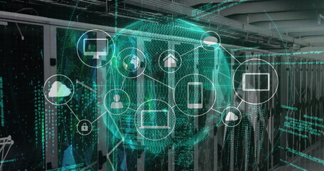 Image of network of digital icons, globe of plexus networks, data processing against server room