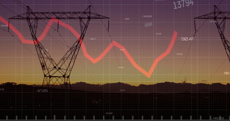 Image of financial data processing over electricity pylons on field