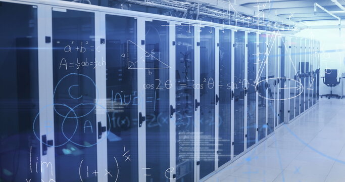 Image of mathematical equations floating against computer server room