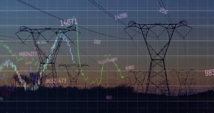 Image of financial data processing over electricity pylons on field