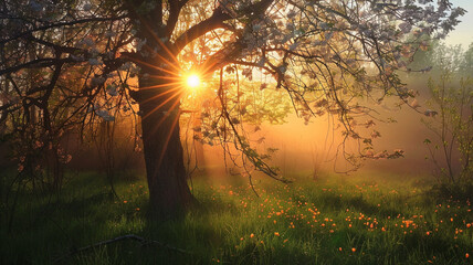 Blask promieni słońca przebijające się przez drzewo - Generative AI - obrazy, fototapety, plakaty