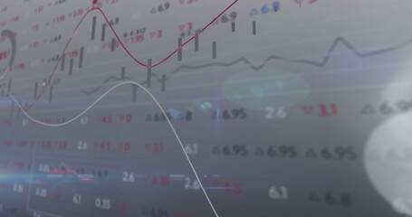 Image of stock market, diagrams and data processing on gray background