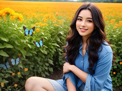 Girl sitting on a beautiful meadow with flowers with batterfly