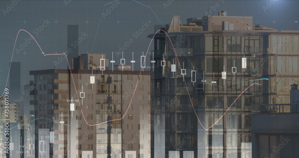 Poster digital image of different graphs moving in the screen with buildings in the background 4k