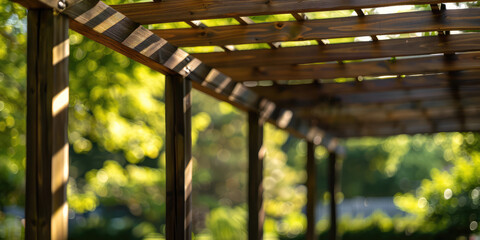 Sunlit Garden Pergola with Green Climbing Plants. Close-up of Wooden patio building or pergola in summer garden exterior. - obrazy, fototapety, plakaty
