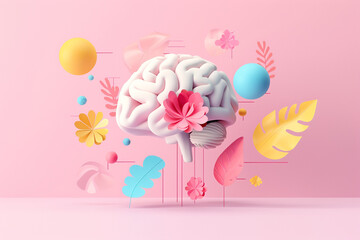 artificial, intelligence with floral elements, 3d rendering illustration on the pink background