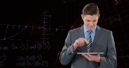 Image of data processing and mathematical equations over businessman using tablet