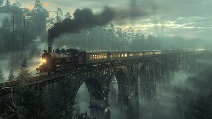 A spectral train crossing a bridge, its destination unknown and ominous - obrazy, fototapety, plakaty