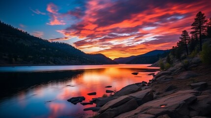 Tranquil mountain scene  colorful sunset sky reflecting in peaceful lake, creating serene landscape