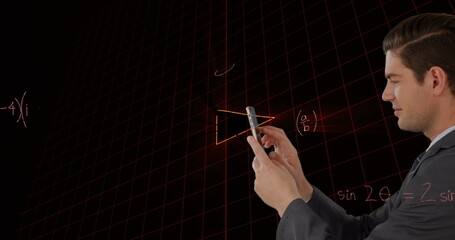 Image of caucasian businessman over mathematical equations on black background