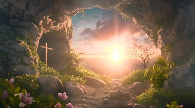 cave with christian cross and sunlight view