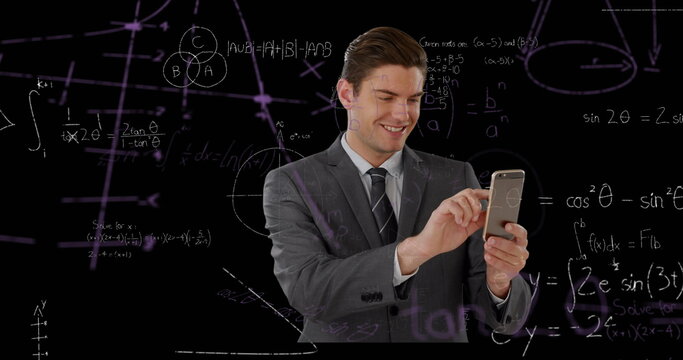 Image of data processing and mathematical equations over businessman using smartphone