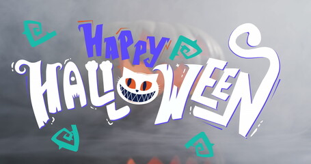 Fototapeta premium Happy halloween text banner against smoke effect over pumpkin against grey background