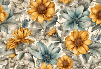 Elegant Vintage Floral Fabric Design in Muted Tones
