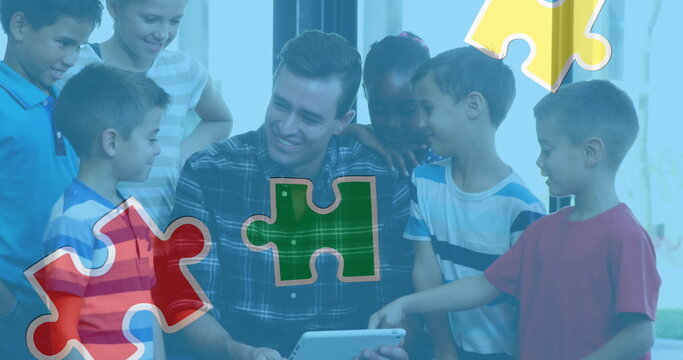 Image of colourful puzzle pieces over kids and man using electronic devices