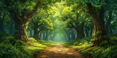 A cartoon background of an enchanted forest with large trees and leaves. 