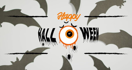Happy halloween text banner with scary eye and spiders icons against multiple bat toys