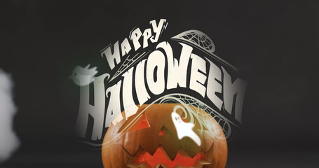 Happy halloween text banner and multiple ghosts icons against smoke effect over halloween pumpkin - Powered by Adobe