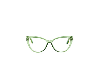 Fototapeta premium Pair of glasses with a transparent green frame isolated on a plain white background. Front view. Copy space.