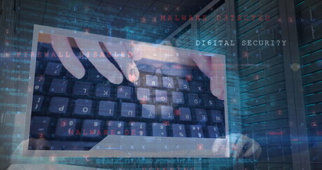 Image of digital security warnings, over hacker using computer, server room and data processing