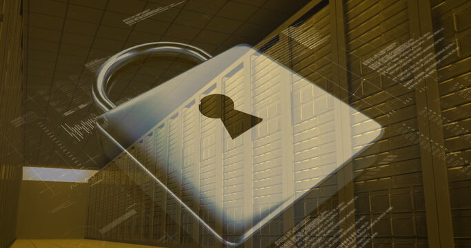 Image of data processing and padlock over server room