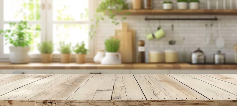 Simple wooden table on blurred kitchen counter background, creating minimalist space