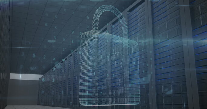 Image of cyber attack warning and padlock over server room