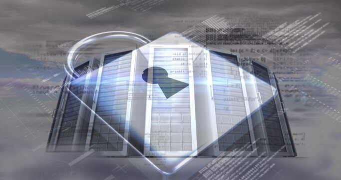 Image of data processing and padlock over sky and server room
