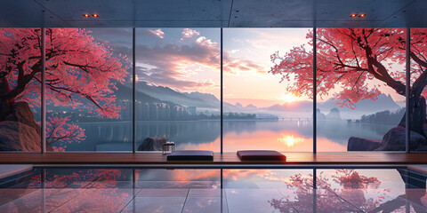 lake view - modern architecture with cherry blossom trees