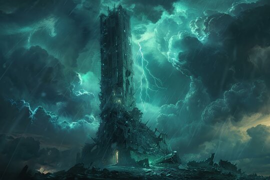 A necromancer's tower, lightning illuminating the summoning of the undead