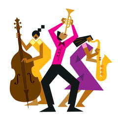 Jazz Band, Contrabass, saxophon, trumpet.
Funny flat design Illustration of two women jazz musicians  and man with trumpet. Isolated on white background.