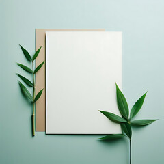 Empty white paper with bamboo leaf beside the paper. Greeting card template, invitation card Concept 