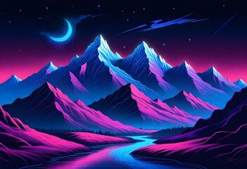 A vibrant night landscape with purple and pink hues