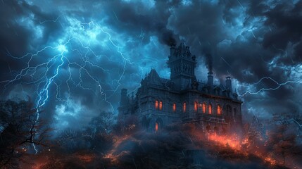 Obraz premium A haunted mansion atop a hill, lightning revealing hidden horrors