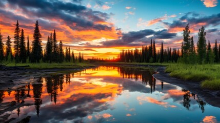 Fototapeta na wymiar Tranquil mountain landscape, vibrant sunset sky reflecting in peaceful lake, a serene evening scene