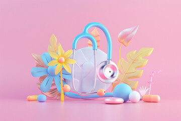 3d rendering illustration with stethoscope and botanical elements on the pink background