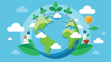Bright Vector Illustration of Earth With Greenery and Renewable Energy Symbols