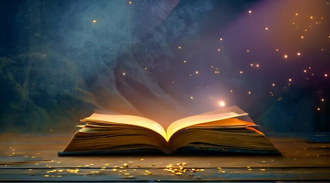 magic book opens with sparkling light scattering