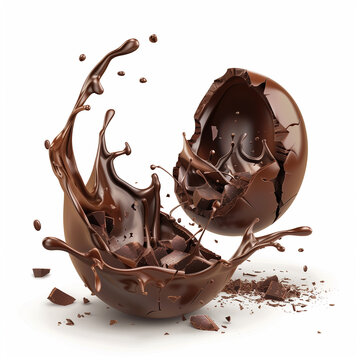 cracked brocken easter chocolate egg shell with chocolate splash isolated in white